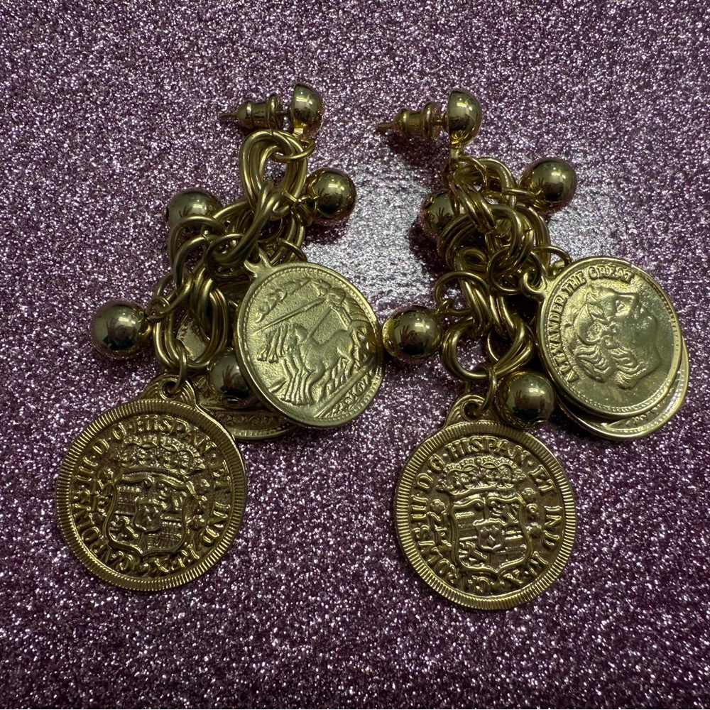 Alexander the Great Gold Tone Coin Charm Earrings